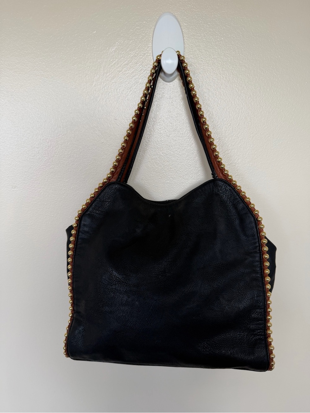 BIG BUDDHA Black Large Hobo Shoulder Bag with Cognac Brown Gold Bead Trim